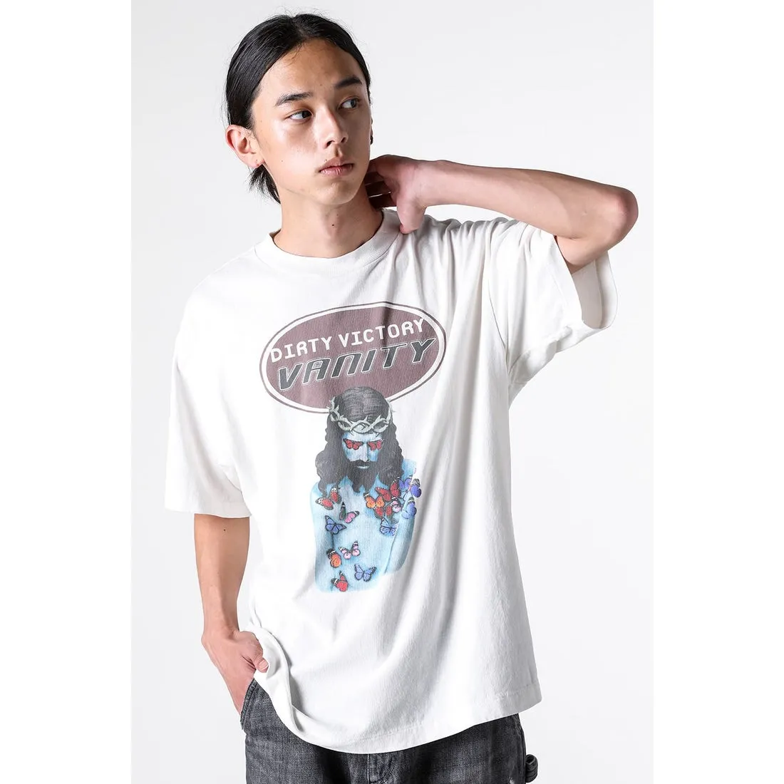 SAINT Mxxxxxx VANITY SS TEE/WHAT Jesus Butterfly Print Short Sleeve Off-White S-XL Cylindrical No Side Seam Fabric 220g High Weight OE Yarn ⚠️Note: It’s almost meaningless if it is not a cylindrical fabric Customized CPFM co-branded main mark/wash mark/little angel anti-counterfeiting label Original-level printing manufacturer Top purchasing level